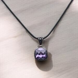 Sterling Silver Purple Crystal Pendant Necklace Black Cord - Minimalist Romantic